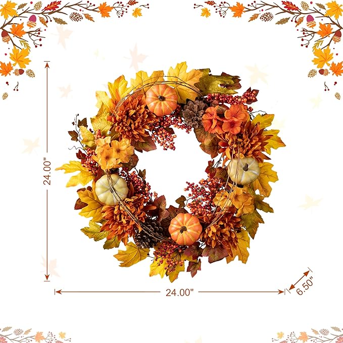 CozyNest Decor 24-inch artificial fall wreath with maple leaves, dahlias, pumpkins, berries for autumn, Halloween, and Thanksgiving decor.