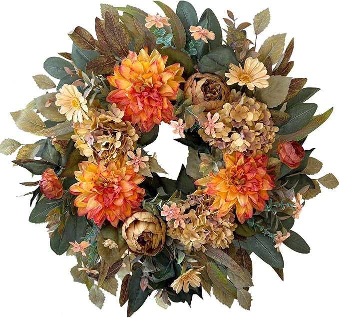 CozyNest Decor 24-inch fall wreath with orange hydrangea, peony, and dahlia flowers, perfect for front door autumn decor.
