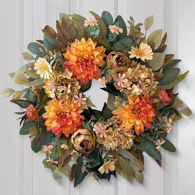 CozyNest Decor 24-inch fall wreath with orange hydrangeas, peonies, and dahlias for front door autumn decor.
