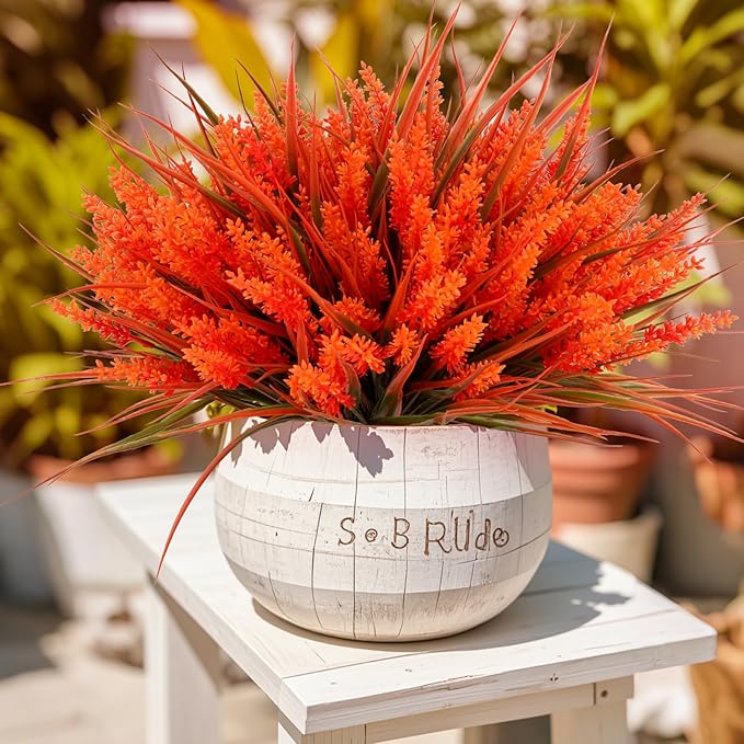 CozyNest Decor faux lavender and monkey grass artificial flowers in autumn-red, outdoor UV-resistant plastic plants for garden or porch.
