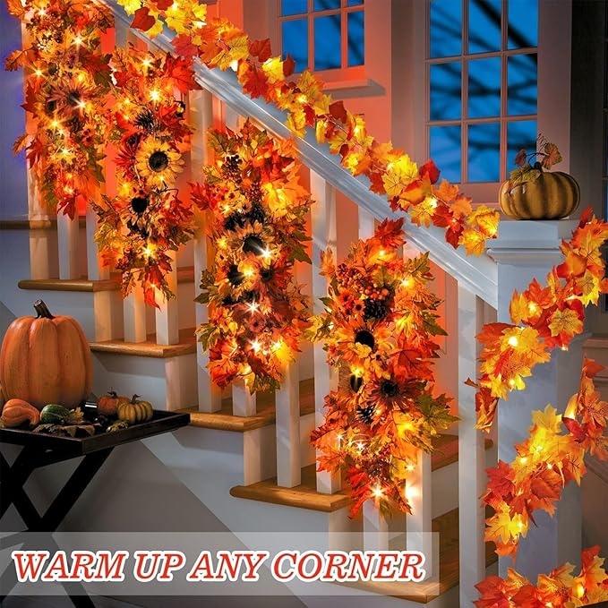 CozyNest Decor 2-pack fall maple leaves garland with 40 LED lights, battery-operated autumn Thanksgiving decoration for home porch and table