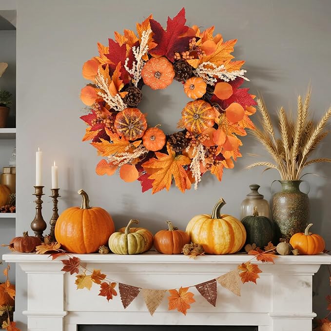 CozyNest Decor 20-inch fall wreath with berries pumpkins maple leaves and pine cones for front door or porch autumn outdoor decor
