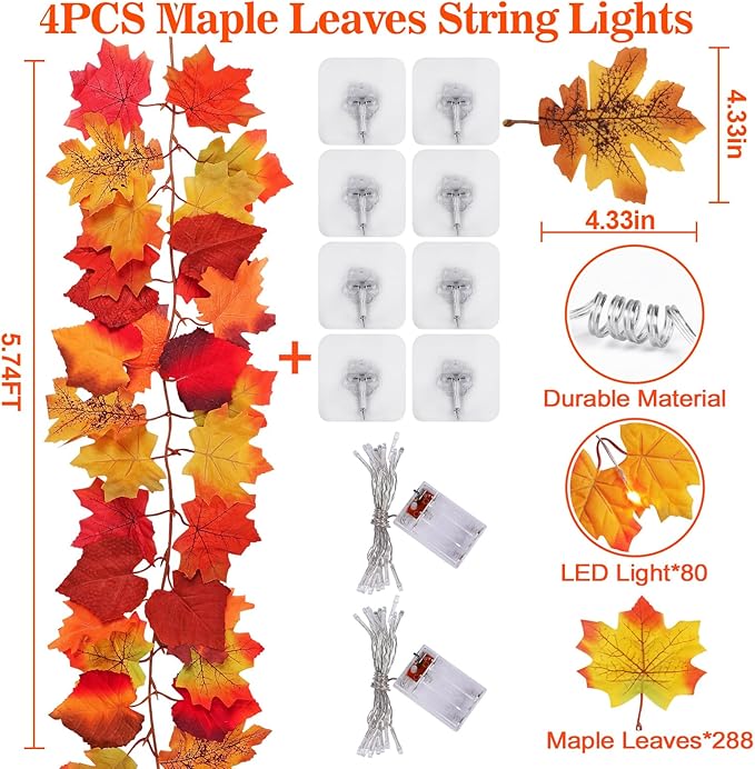 CozyNest Decor 4-pack fall garland with maple leaves and lights, 23.6 ft indoor outdoor autumn Thanksgiving Halloween Christmas decor