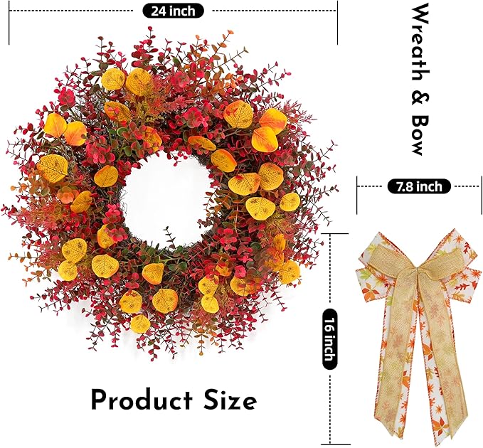 Large 24-inch Burgundy boxwood eucalyptus fall wreath with maple bow, perfect for rustic farmhouse outdoor or indoor decor, weatherproof.