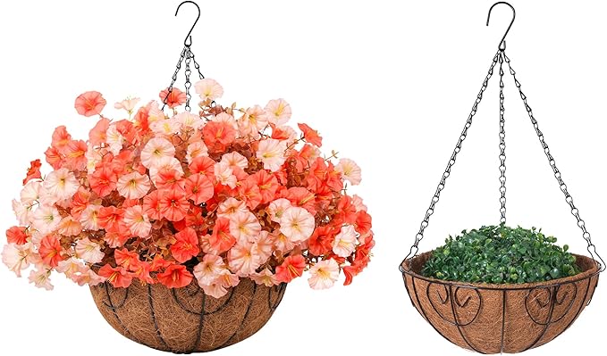 Artificial fall flowers in a hanging basket with silk morning glory and eucalyptus, UV resistant outdoor decoration for porch or patio.