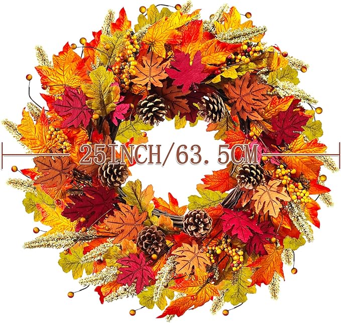 CozyNest Decor 24-inch fall wreath with berries, wood maple leaves, and pine cones for front door or indoor wall decoration.