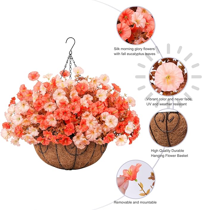 Artificial fall flowers in a hanging basket with silk morning glory and eucalyptus, ideal for outdoor porch or patio decor