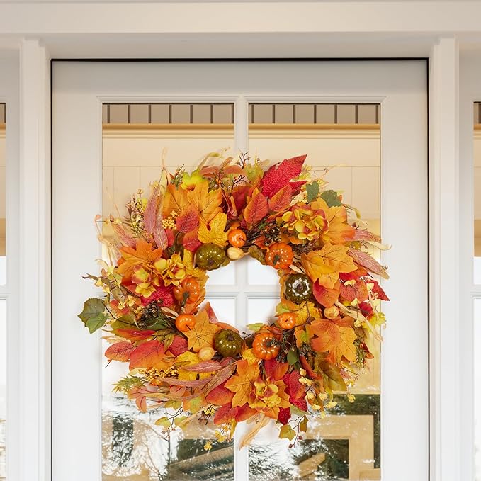CozyNest Decor 24-inch fall wreath with pumpkins, hydrangea, maple leaves for front door, porch, or window decor for autumn.