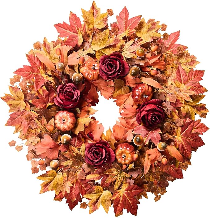 Large 26-inch autumn wreath with maple leaves, pumpkins, roses, and rustic fall decor for farmhouse front door.