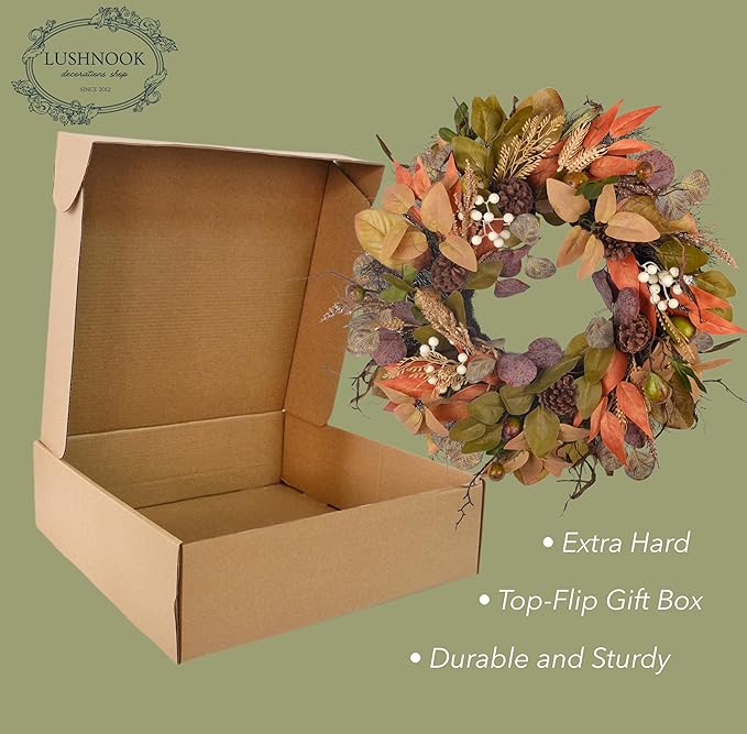 Handmade 24-inch fall wreath with artificial autumn leaves, pinecones, berries, and wheat for farmhouse door or wall decor.