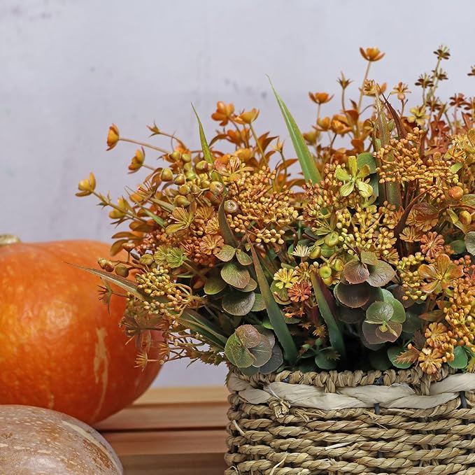 Six bundles of CozyNest Decor artificial fall flowers with green leaves, perfect for autumn home, wedding, or outdoor Thanksgiving decor.