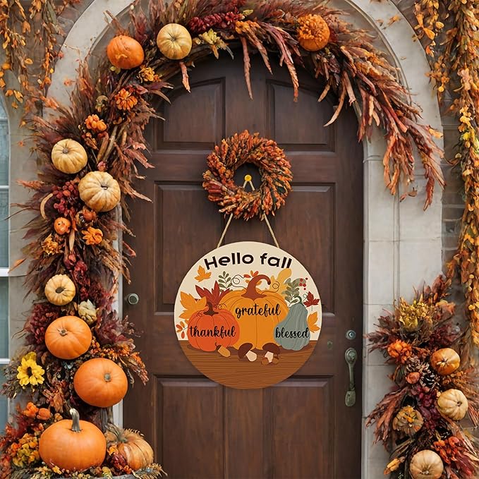 Rustic round wood wreath with maple leaves garland, perfect for fall home decor, front door welcome sign, outdoor porch, or kitchen wall