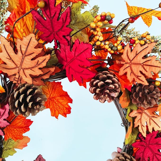 CozyNest Decor 24-inch fall wreath with orange berries, wood maple leaves, pine cones, perfect for front door or wall decor.