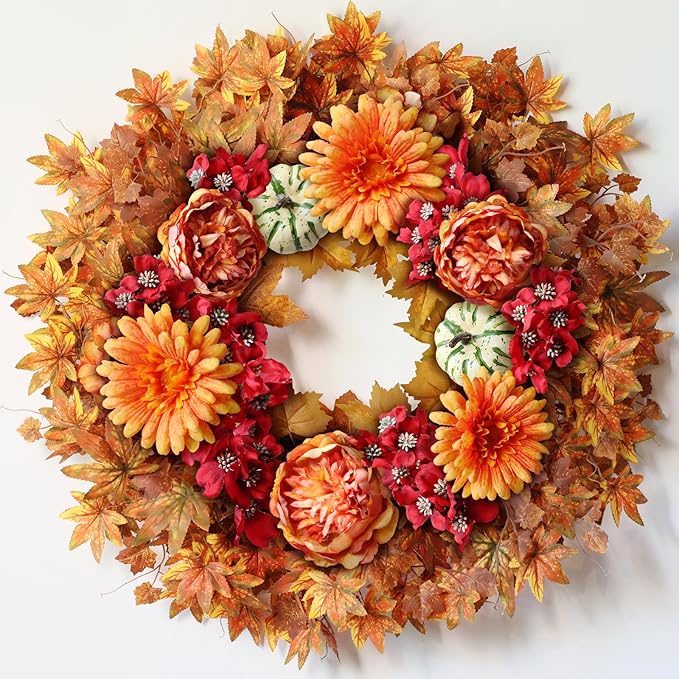 Large 26-inch fall wreath with artificial maple leaves, silk peony, and faux pumpkin for outdoor porch or farmhouse autumn decor