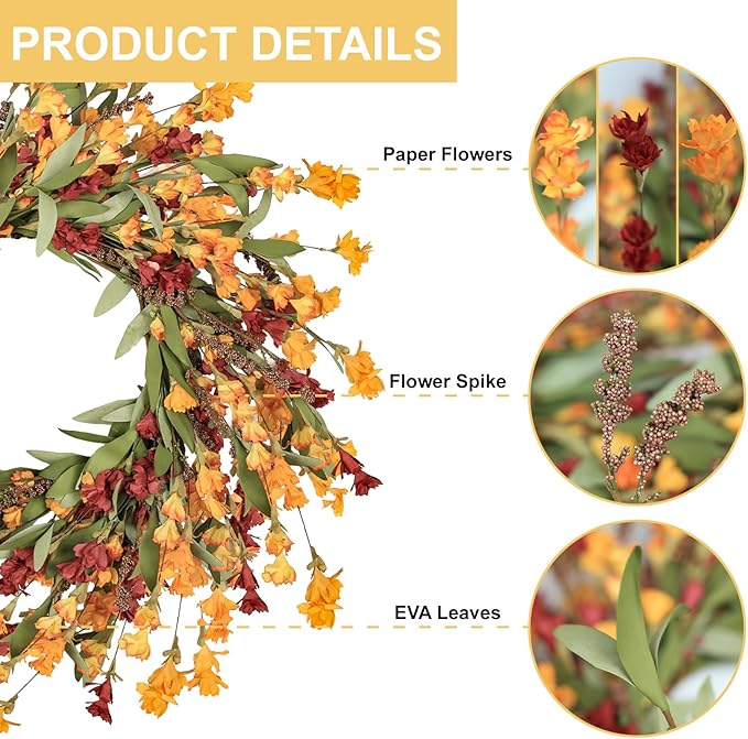 CozyNest Decor Artgar Fall Wreath, 24-inch floral door wreath in red, orange, yellow for front door outdoor or indoor fall decor.