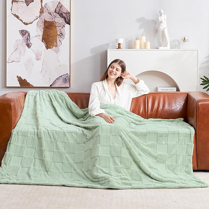CozyNest Decor cozy checkered white faux rabbit fur throw blanket with soft fuzzy minky texture, perfect for couch or bed, sage green, queen size.