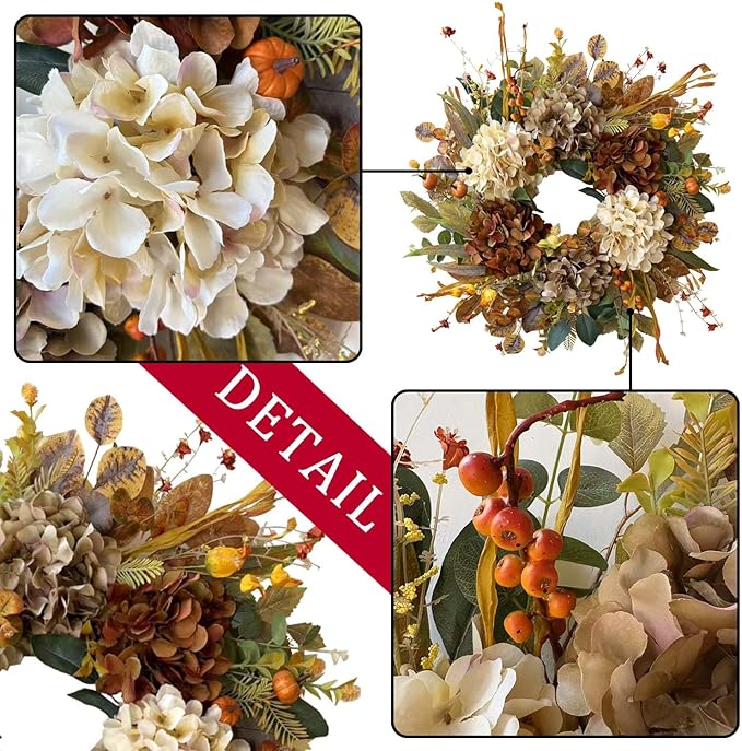CozyNest Decor 24-inch fall wreath with hydrangeas and mini pumpkins, perfect for front door autumn, Halloween, or Thanksgiving decor.