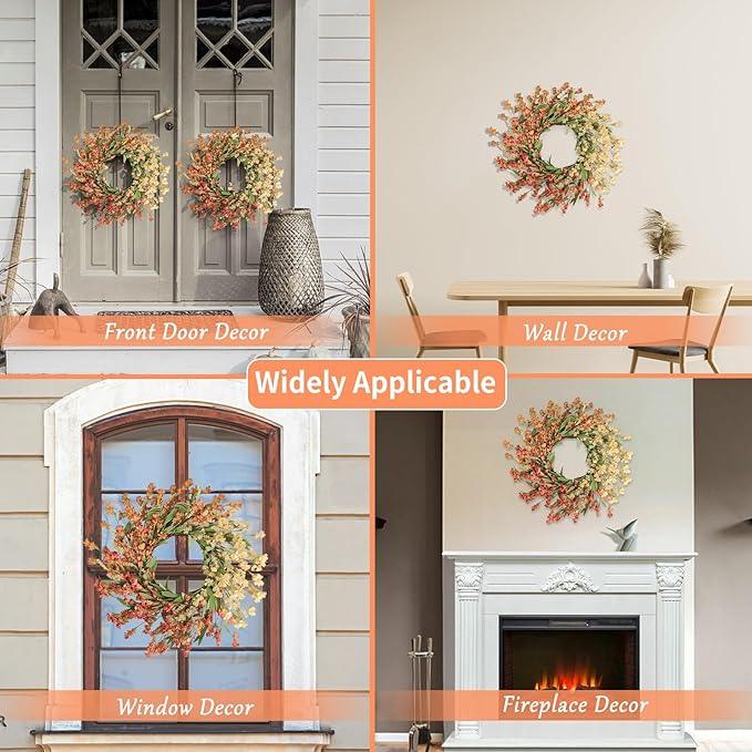 CozyNest Decor Artgar Fall Wreath with white and orange flowers, 24-inch floral door wreath for front porch, indoor or outdoor decor.
