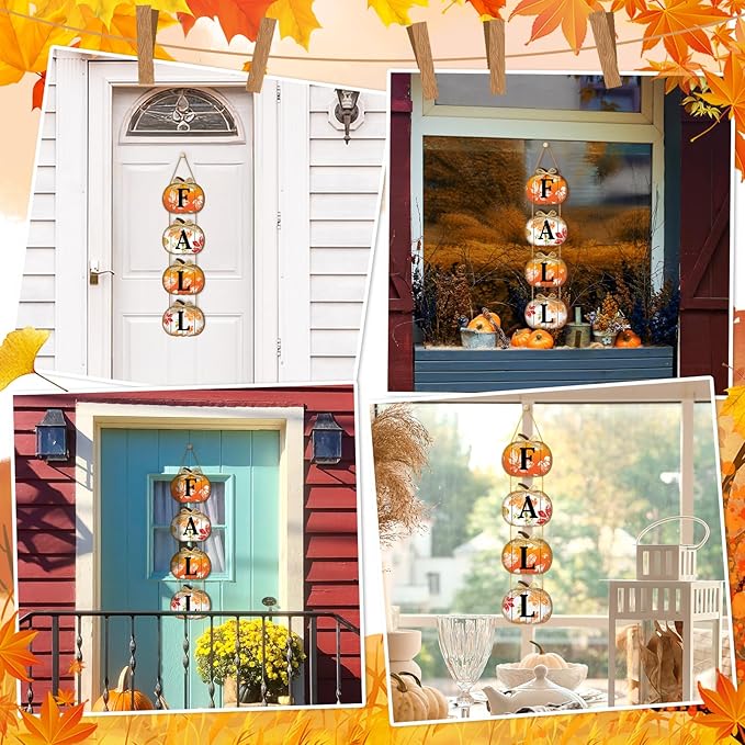 CozyNest Decor fall pumpkin door sign with autumn maple leaves and wooden hanging plaques for front door porch and home decor.
