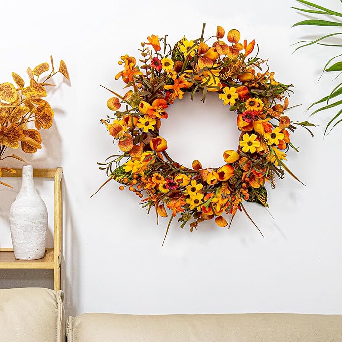 Rustic 18-inch fall wreath with orange tulips, wildflowers, and phalaenopsis, perfect for front door decor by CozyNest Decor.