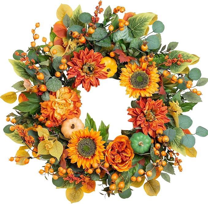 CozyNest Decor 24-inch fall wreath with sunflowers, orange dahlias, maple leaves, and berries for front door or indoor autumn decor