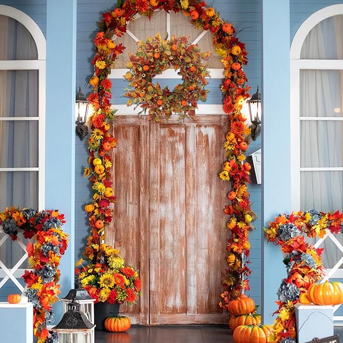 CozyNest Decor 22-inch artificial fall wreath with pumpkins, maple leaves, and autumn accents for front door or wall decor.