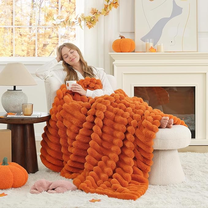 CozyNest Decor fall harvest faux fur throw blanket in burnt orange, plush striped design, 60x80 inches for sofa or bedroom decor.