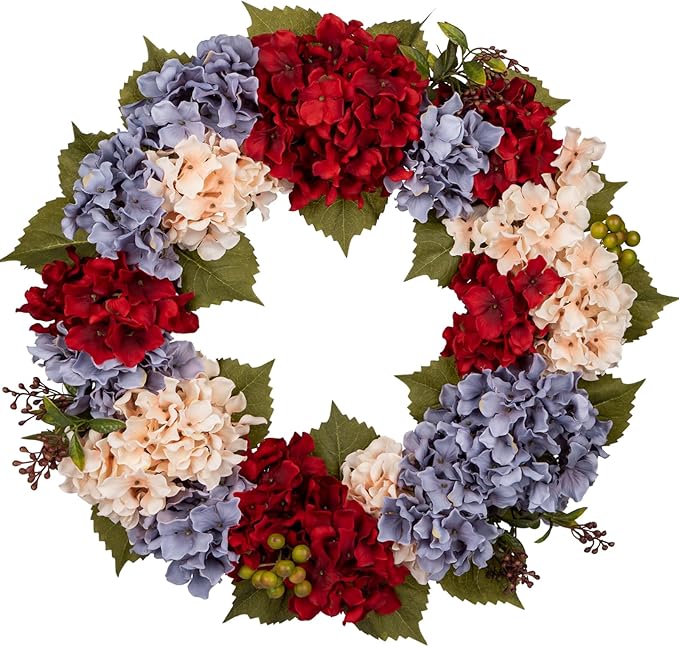 CozyNest Decor 24-inch fall wreath with hydrangeas, berries, and autumn flowers for front door decor, harvest and Thanksgiving themes