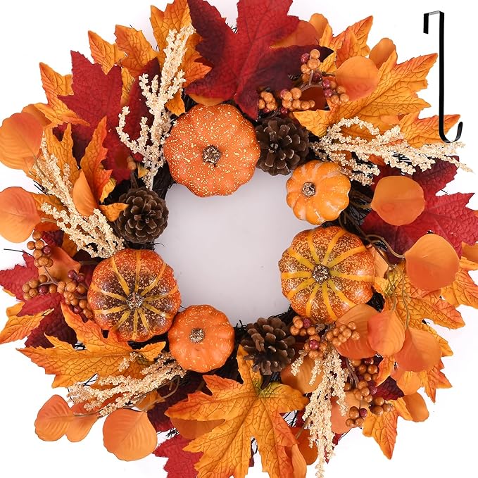 20-inch fall wreath with berries, pumpkins, maple leaves, pine cones, and a hook, ideal for front door or porch autumn decor.