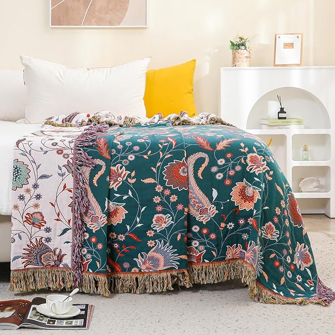 CozyNest Decor boho large cotton throw blanket with tassels, lightweight rustic quilt, ideal for sofa, bed, or travel decor.