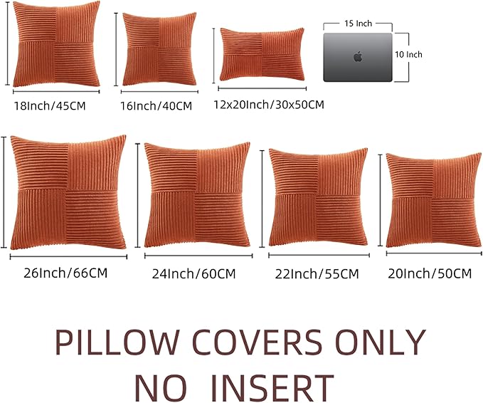 Set of two burnt orange throw pillow covers, 20x20 inches, soft corduroy, patchwork texture, perfect for boho farmhouse home decor.