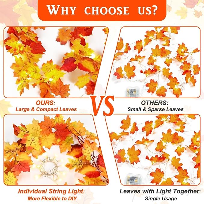 CozyNest Decor 2-pack fall maple leaves garland with 40 LED lights, battery operated, ideal for Thanksgiving home porch or mantle decor