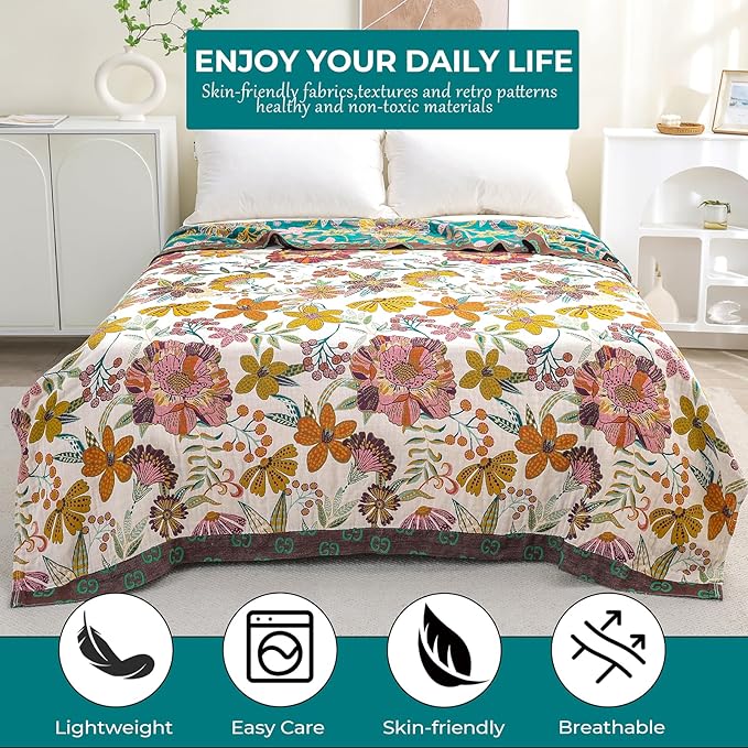 CozyNest Decor boho rustic white cotton throw blanket with floral vintage design, reversible, 60x80 inches for sofa or bed decor.
