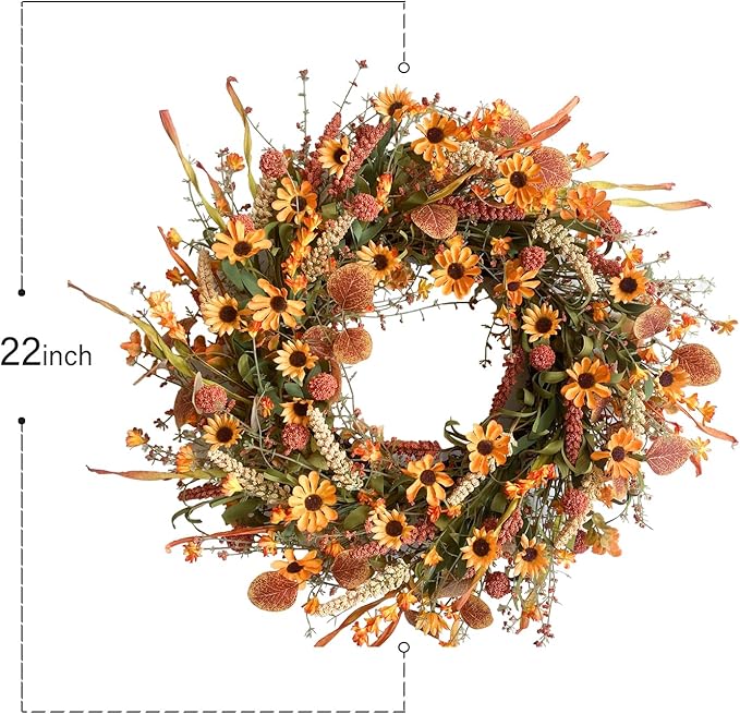 Colorful artificial floral wreath with daisies and autumn foliage, 22-inch fall front door wreath for wall, window, or Thanksgiving decor