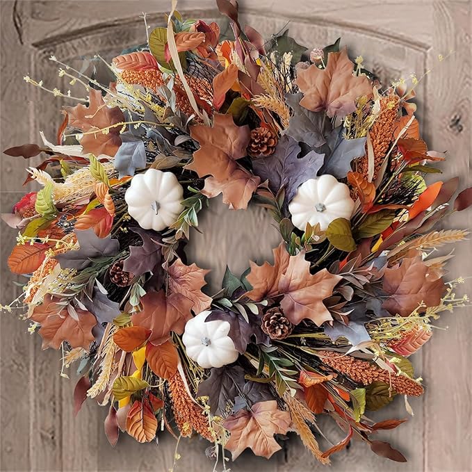 CozyNest Decor 24-inch fall wreath with white pumpkins, grains, and maple leaves, perfect for autumn and Halloween door decor.