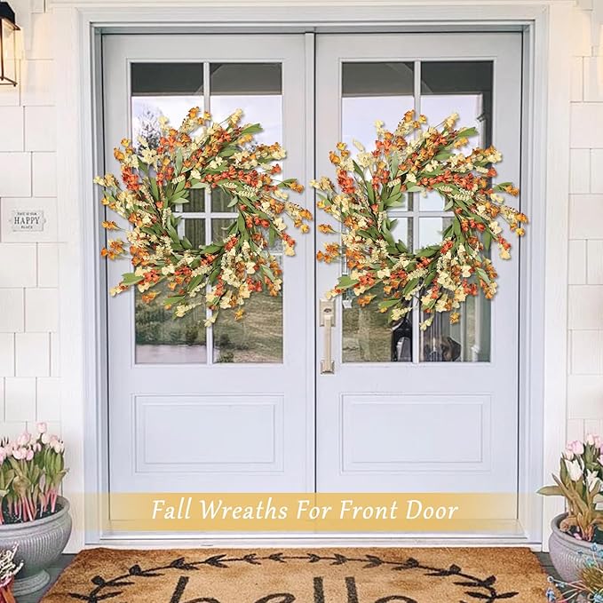 CozyNest Decor Artgar Fall Wreath, 24-inch floral door wreath with white, orange, and yellow accents for front door and outdoor decor