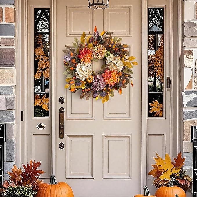 24-inch fall wreath with beige hydrangea, orange dahlias, pumpkins, and autumn accents for front door or home decor.