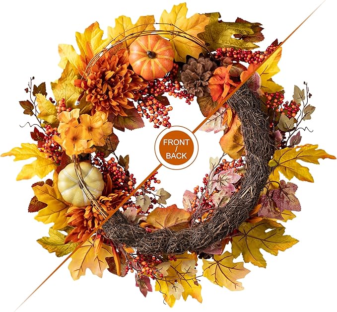 CozyNest Decor 24-inch artificial fall wreath with autumn maple leaves, dahlias, pumpkins, berries, perfect for front door autumn decor