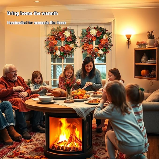 CozyNest Decor 24-inch fall wreath with realistic pumpkins, hydrangeas, peonies, and dahlias for rustic outdoor or indoor autumn decor.