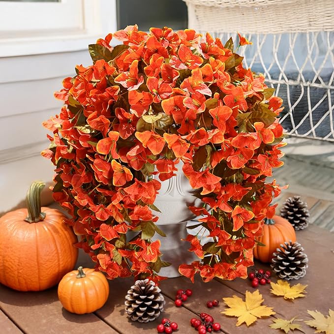 CozyNest Decor artificial bougainvillea flowers in orange, 2-pack faux silk trailing vines for outdoor fall porch or patio decor