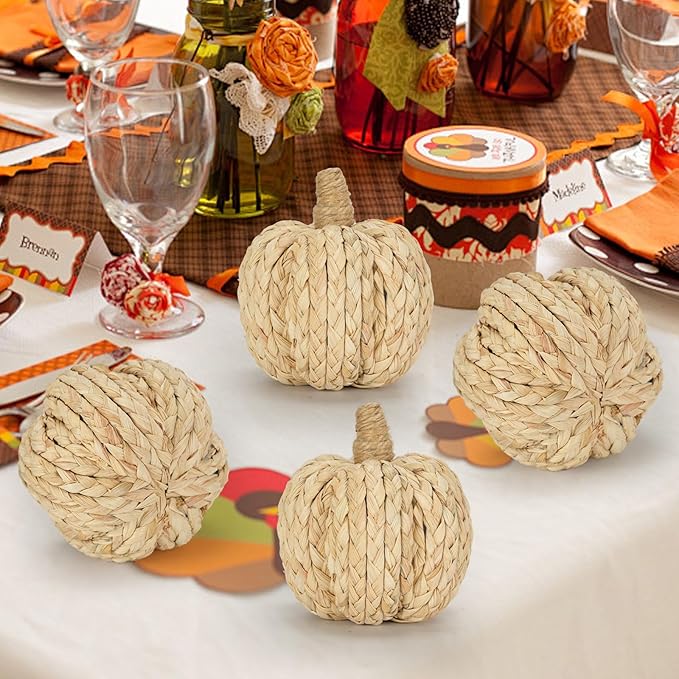 CozyNest Decor 4.3-inch braided cornhusk pumpkins set of 4, artificial fall centerpiece decorations with woven corn stalks for autumn decor