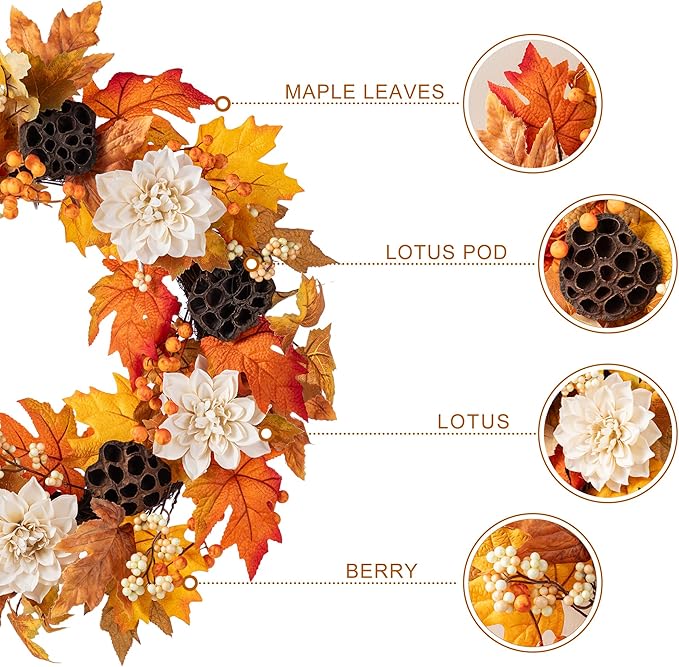 CozyNest Decor 24-inch fall sorghum wreath with metal hanger, perfect for front door or indoor outdoor harvest and Thanksgiving decor