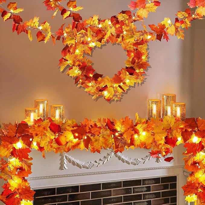 CozyNest Decor fall garland with 23.6ft maple leaves and lights, ideal for indoor or outdoor autumn and Thanksgiving home decor.