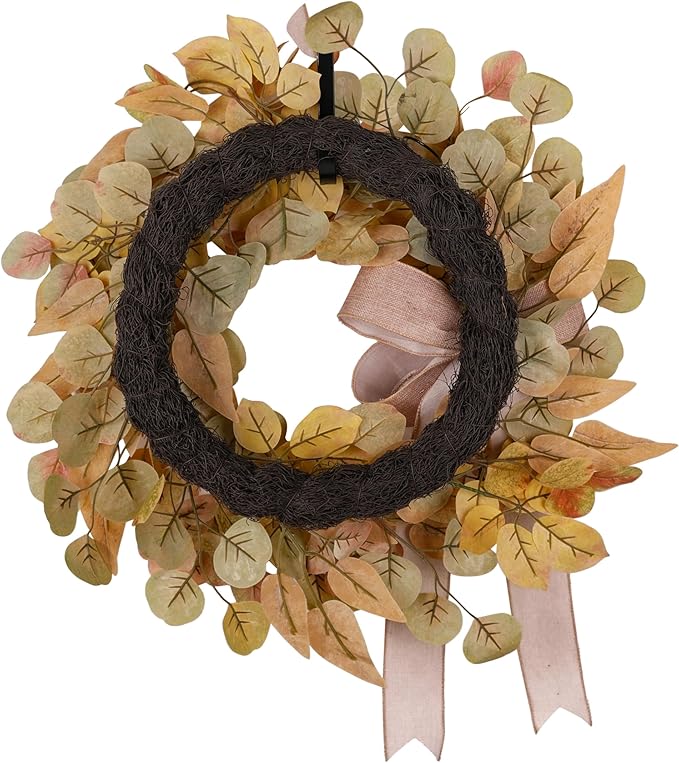 Fall wreath for front door featuring autumn faux leaves and a bow, 24 inches, CozyNest Decor, ideal for farmhouse or outdoor decor.