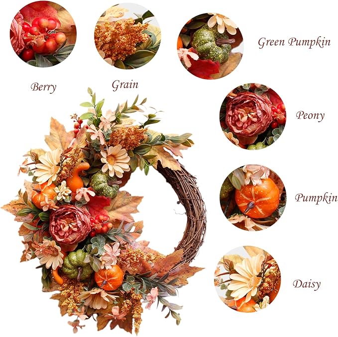 CozyNest Decor 20-inch fall wreath with pumpkins, peonies, sunflowers, and berries for front door autumn home decor.