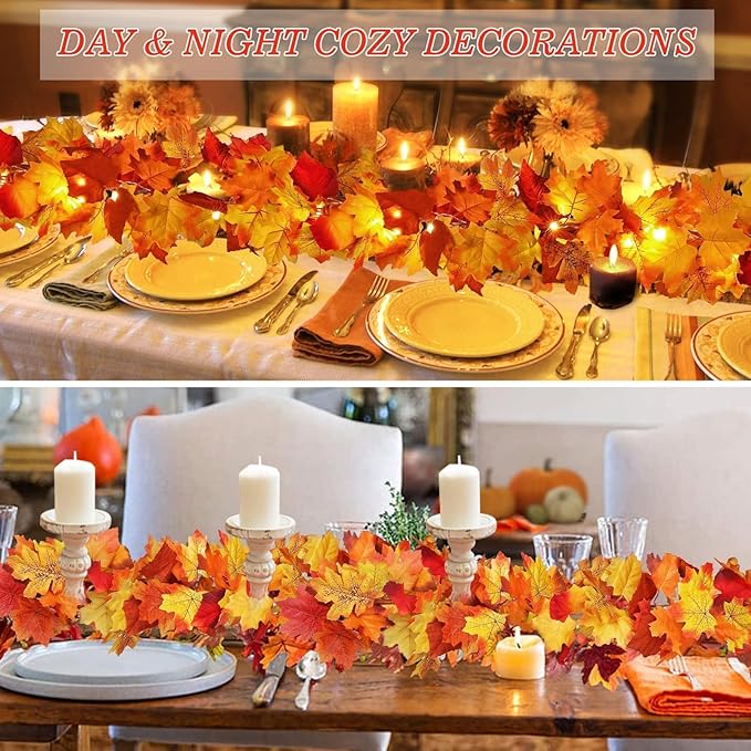 CozyNest Decor 2-pack fall maple leaves garland with 40 LED lights, battery-operated autumn Thanksgiving outdoor porch and home decor