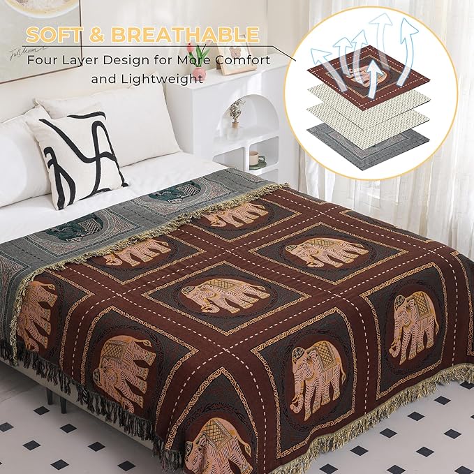 CozyNest Decor boho cotton throw blanket with tassels, elephant print, large 60x80 inch rustic bed and sofa blanket in brown