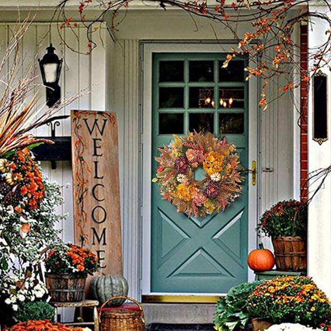 CozyNest Decor 24-inch fall wreath with hydrangea, peony, and white pumpkins, perfect for autumn, Halloween, or Thanksgiving decor.