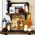 Rustic 20-22 inch fall wreath with golden eucalyptus, white pumpkins, and wheat, perfect for front door outdoor or indoor decor.