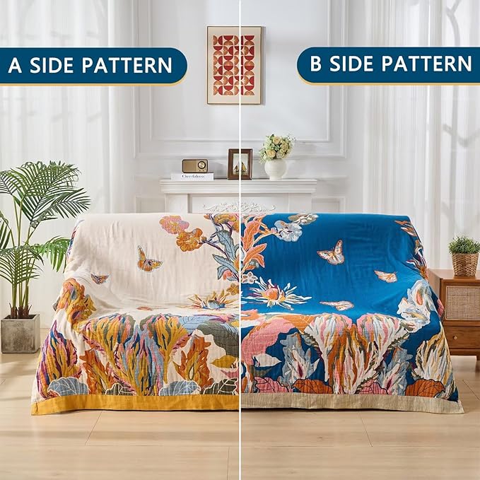 Colorful boho floral bird quilt throw blanket for bed, lightweight reversible cotton, queen size, cozy and soft for all seasons.